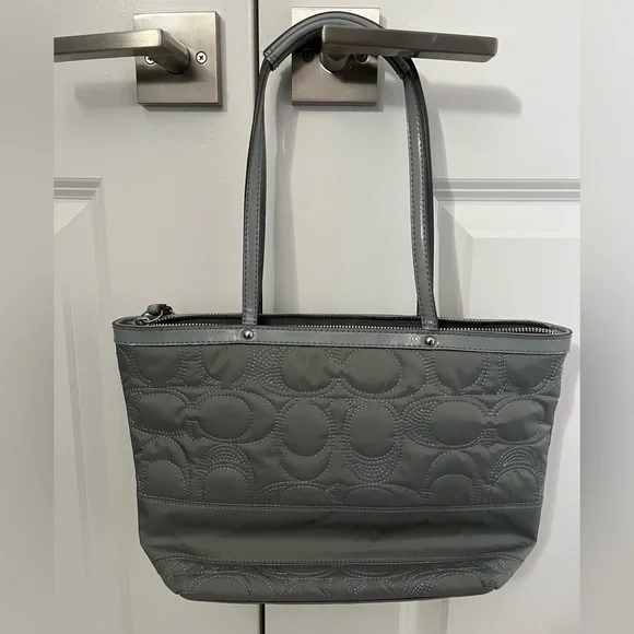 Coach Gray Signature Stitched Nylon/Leather Tote Bag - Picture 2 of 6